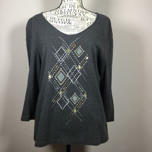 Dark grey 100% cotton soft knit top with gold silver sequin Argyle pattern sz M